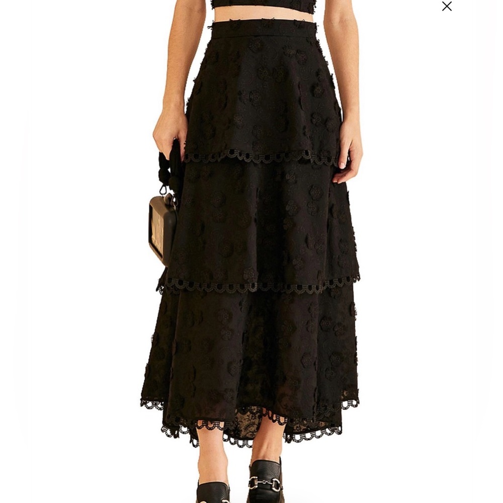 FARM Rio Black Embroidered Tiered Maxi Skirt NWT S **RARE**